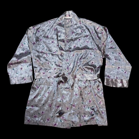 Victoria's Secret Other - Victorias Secret Floral Satin Robe Waist Tie Flowers One Size Silver Purple